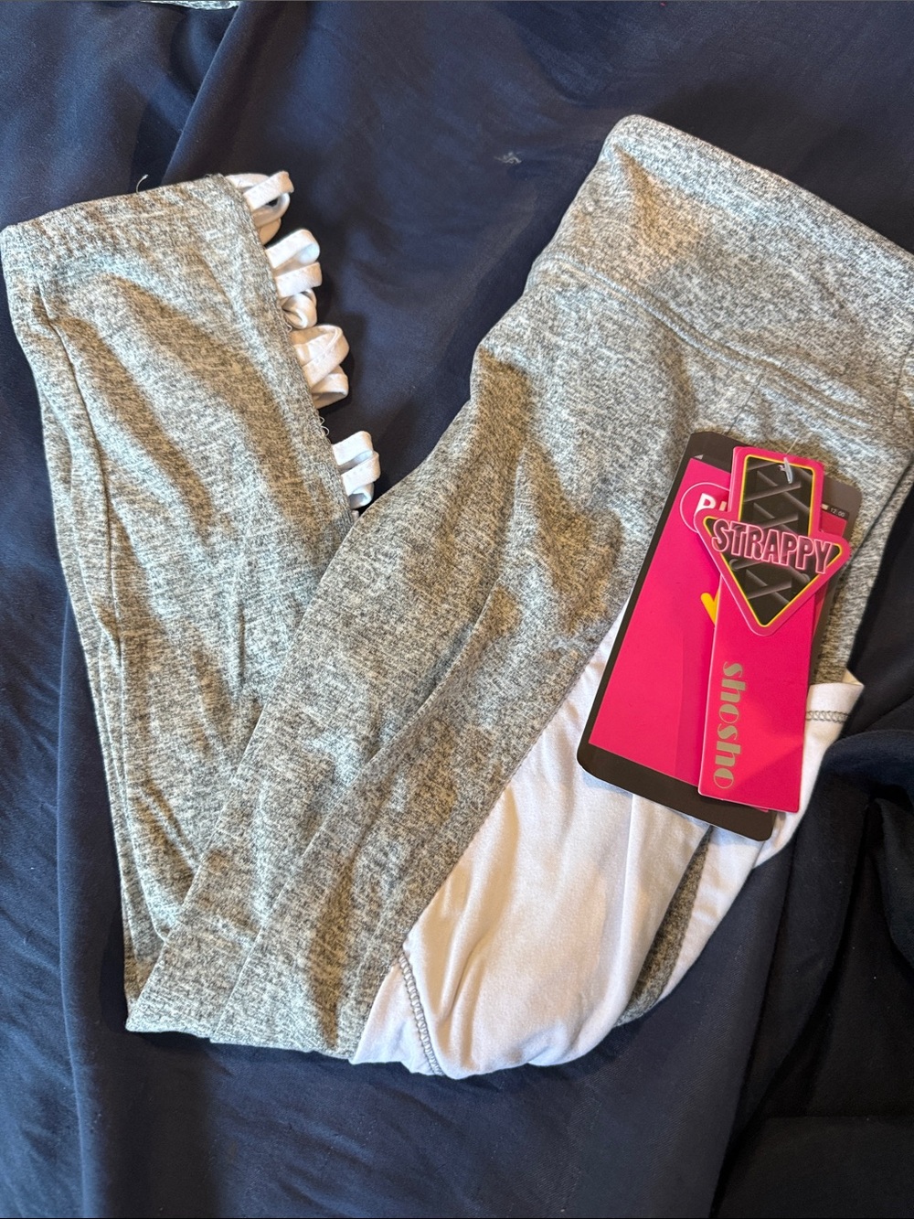 Strappys Gray Athletic Leggings with White Strappy Detail